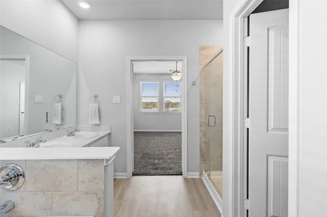 a bathroom with a sink a mirror and a shower