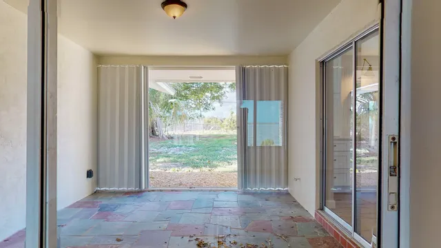 a view of a park with large trees