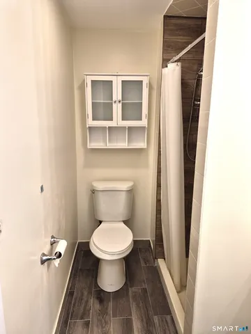 a bathroom with a toilet and a shower
