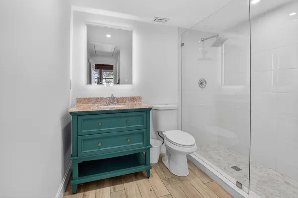 a bathroom with a shower and toilet