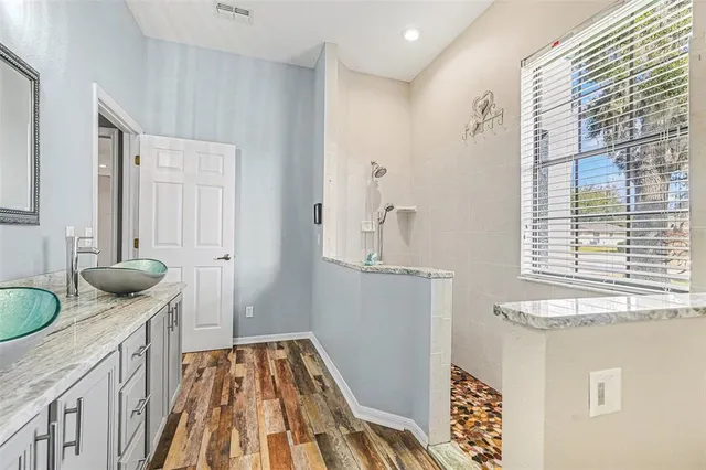 a bathroom with a granite countertop sink and a shower