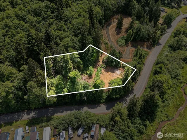 an aerial view of a house with a yard and lake view