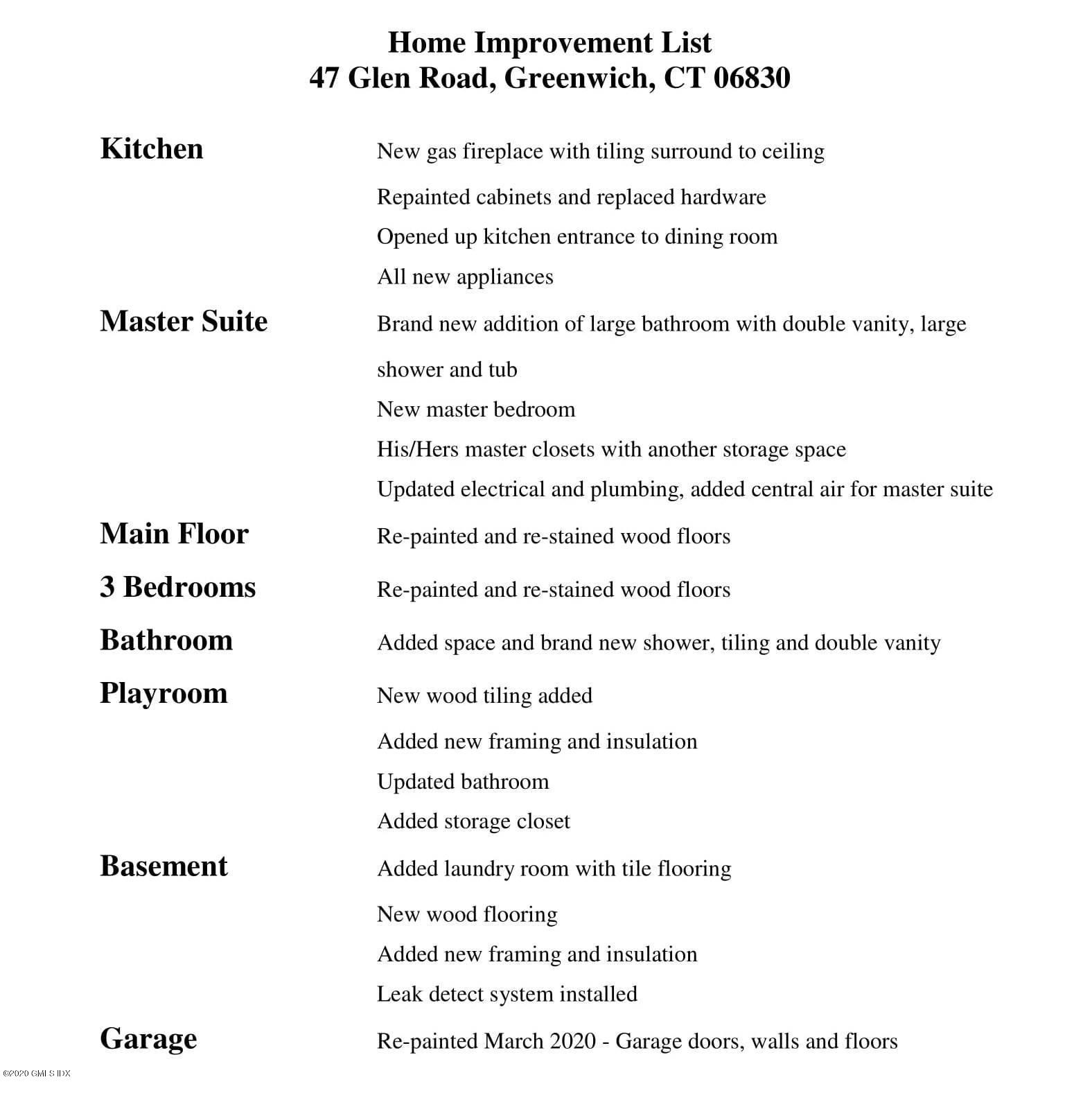 47 Glen Road Greenwich, CT 06830 - Photo 22 of 27 Improvement List