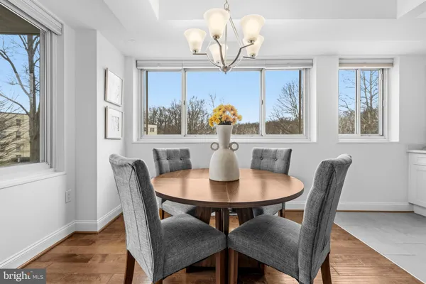 a view of a dining room with furniture a chandelier and wooden floor
