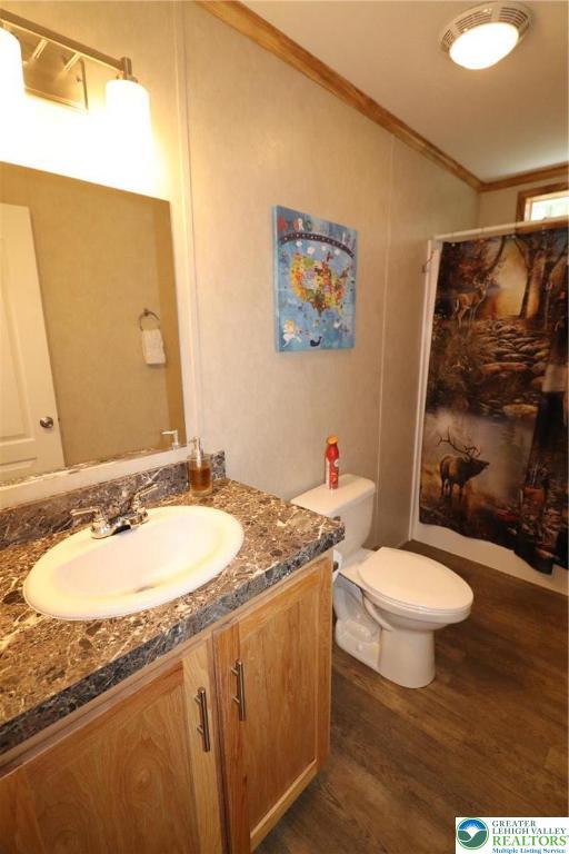 5005 Old Timber Road Stroudsburg, PA 18360 - Photo 17 of 44 a bathroom with a granite countertop toilet sink and mirror