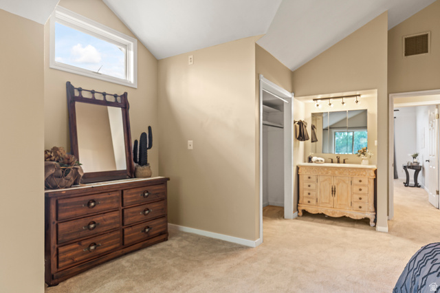 460 Omni Point Road Central Valley, UT 84754 - Photo 64 of 101 Vaulted ceiling room featuring a built-in vanity with a single sink, integrated mirror, and track lighting