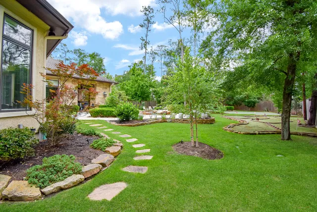a view of a garden with a tree in the garden