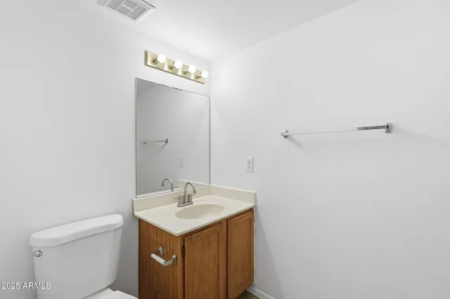 a bathroom with a sink vanity and a toilet