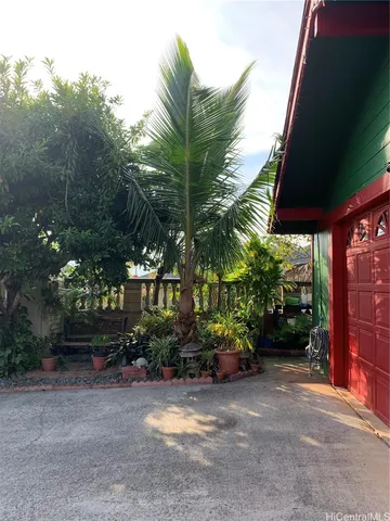 a view of a street with plants and trees