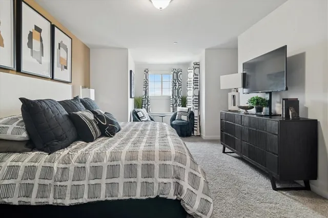 a bedroom with a large bed and flat screen tv