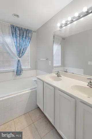 a bathroom with a double vanity sink a mirror and a bathtub