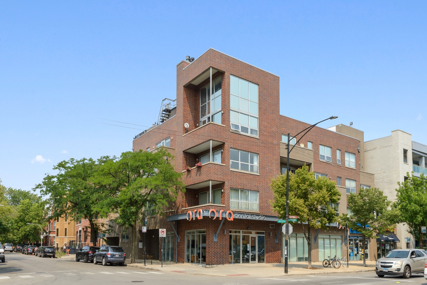 a view of a building and a street