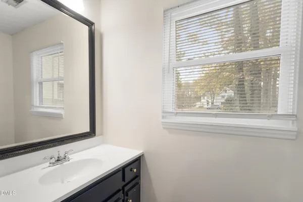 a bathroom with a sink vanity and a mirror