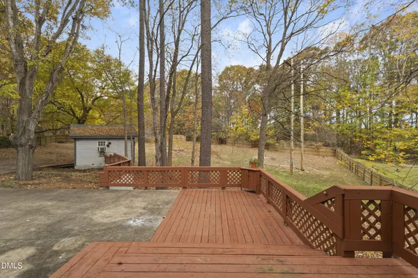 a view of backyard with large trees and potted plants