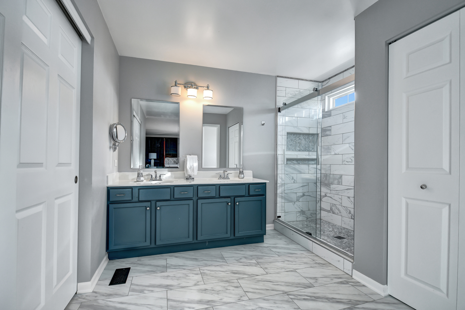25758 South Basswood Road Channahon, IL 60410 - Photo 23 of 42 a bathroom with a granite countertop sink mirror and shower