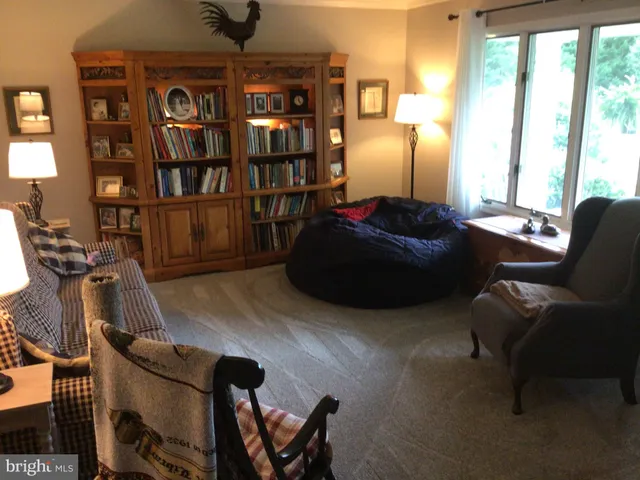 a living room with furniture a window and bookshelf