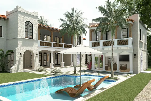 a swimming pool with palm tree