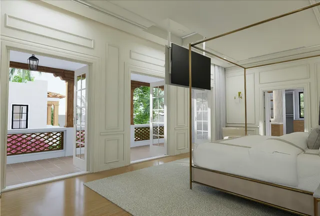 a bedroom with a balcony