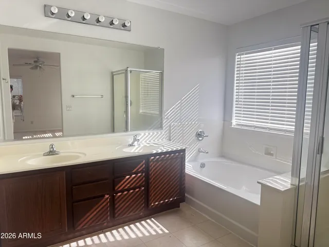 a bathroom with a tub double vanity sink and mirror