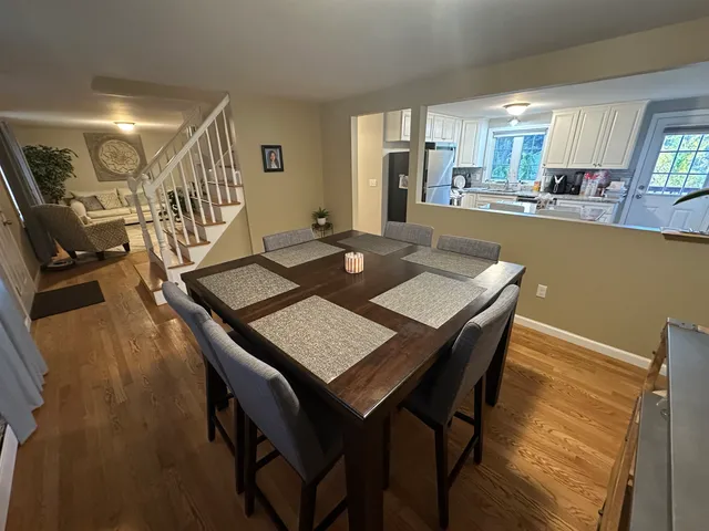 a view of a dining room with furniture