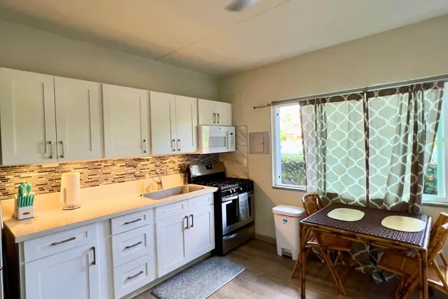 a kitchen with a stove a sink and a refrigerator