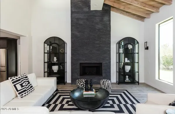 a living room with furniture a fireplace and a potted plant