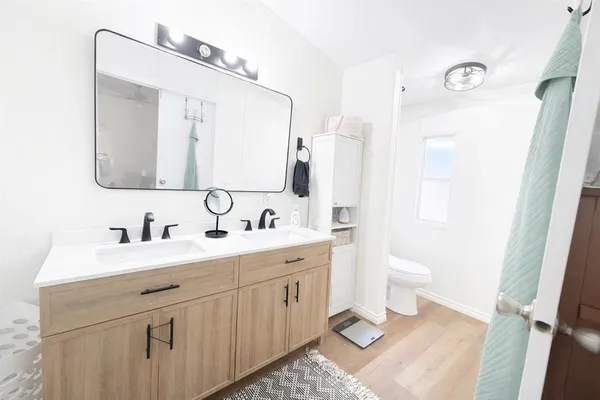 a bathroom with a double vanity sink mirror and toilet