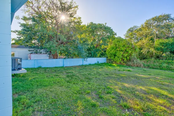 a backyard of a house with plants and large trees