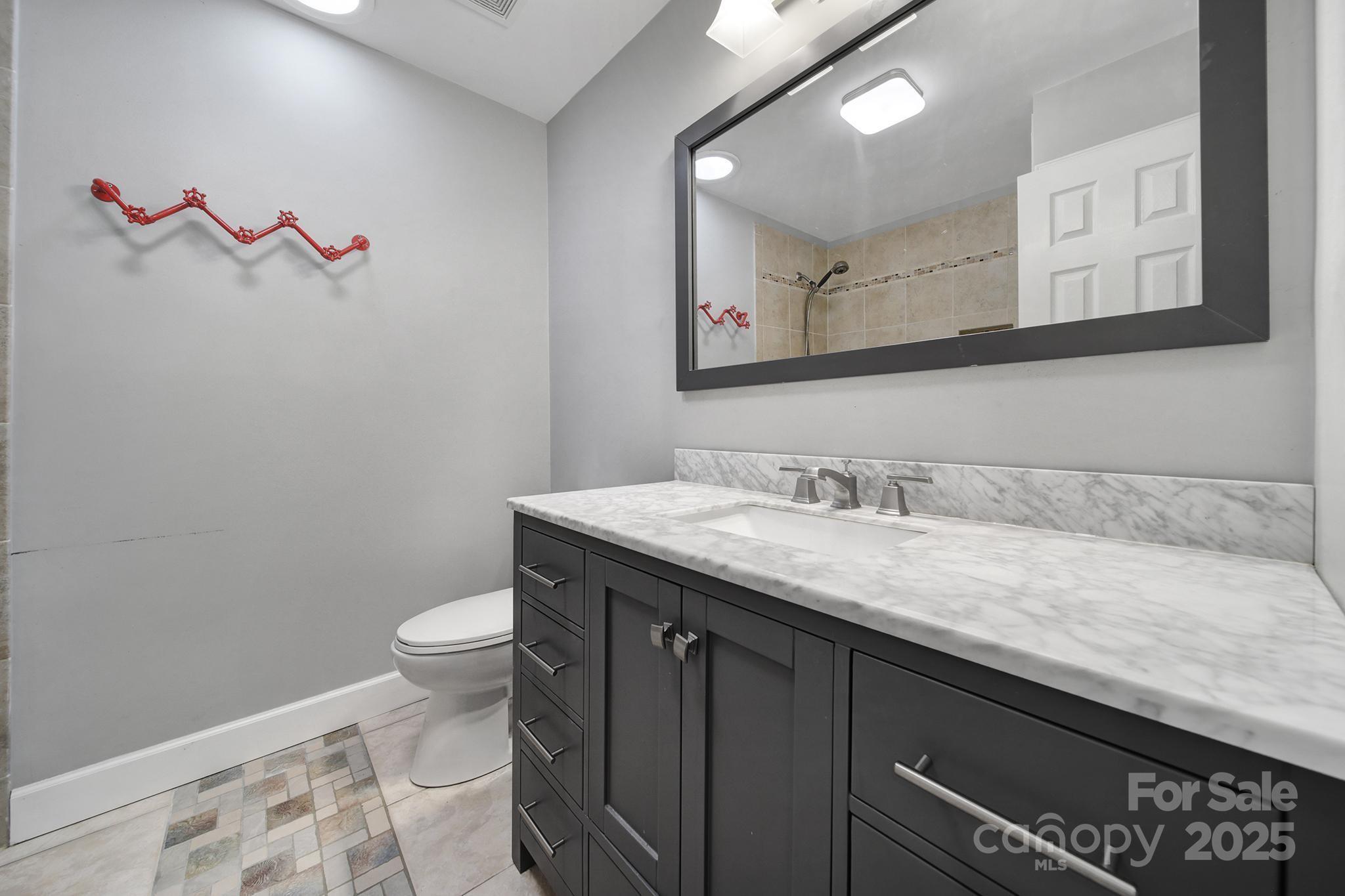 1019 Palmyra Drive Tega Cay, SC 29708 - Photo 21 of 42 a bathroom with a granite countertop sink a toilet and a mirror