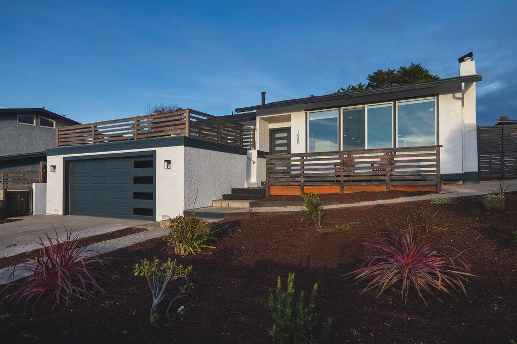 front view of a house with a patio