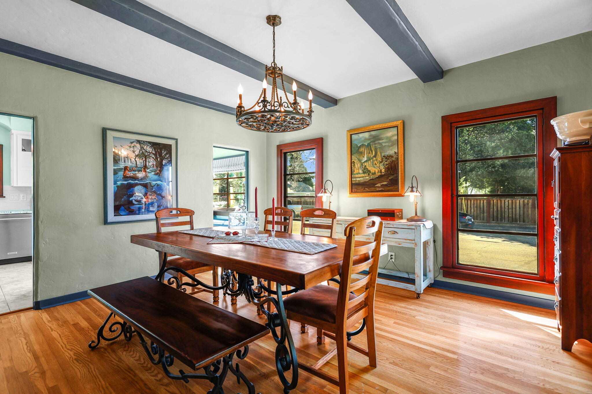 1465 Riverside Drive Redding, CA 96001 - Photo 12 of 163 Dining Room with Beams & Iron Chandelier