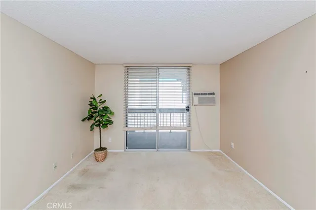 an empty room with windows and plant