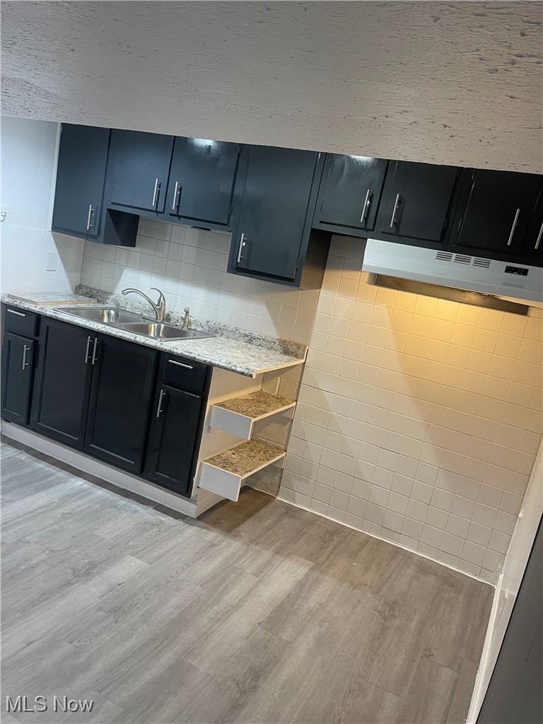 603 Liberty Road Youngstown, OH 44505 - Photo 22 of 42 Kitchen with dark cabinets, light wood finished floors, under cabinet range hood, and backsplash