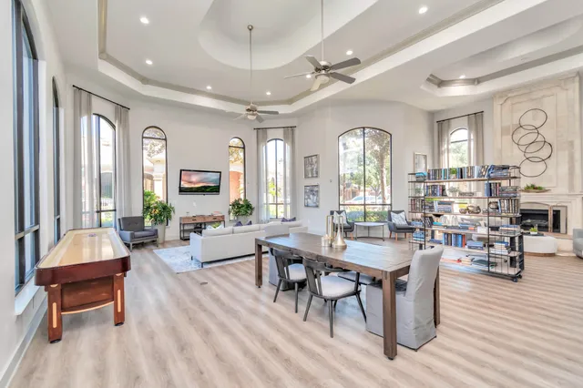 a living room with furniture and a table