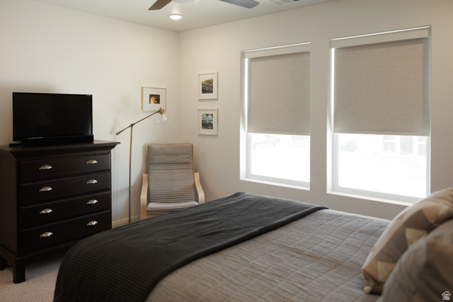 629 Spring Lily Drive St. George, UT 84790 - Photo 25 of 50 Bedroom featuring two windows with roller shades, recessed lighting, and a ceiling fan