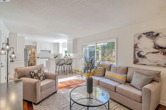 a living room with furniture potted plant and a large window