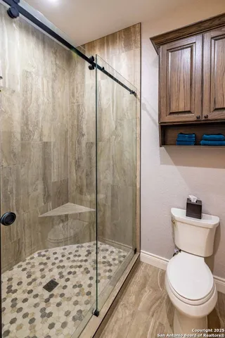 a bathroom with a shower and a toilet