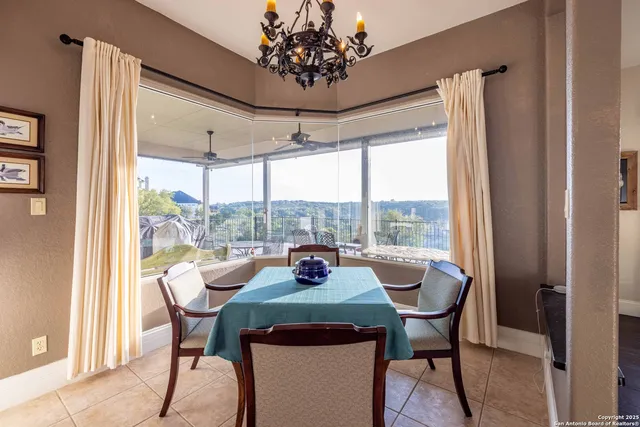 a view of a dining room with furniture window and outside view