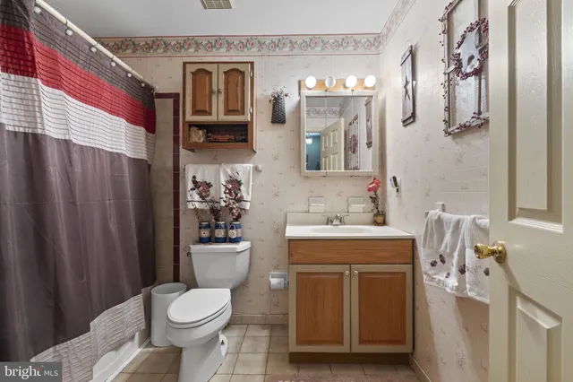 a bathroom with a sink vanity mirror and toilet