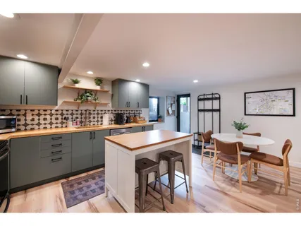 a kitchen with a sink cabinets and wooden floor