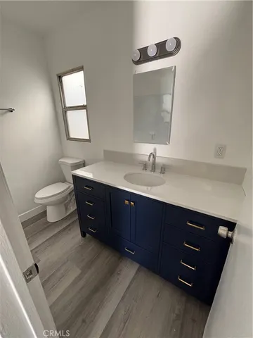 a bathroom with a sink vanity and a toilet