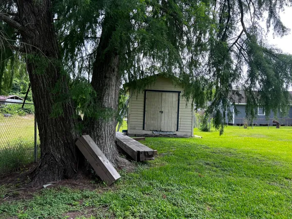 a view of a backyard with a garden and trees