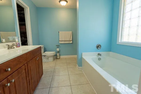 a bathroom with a tub sink and mirror