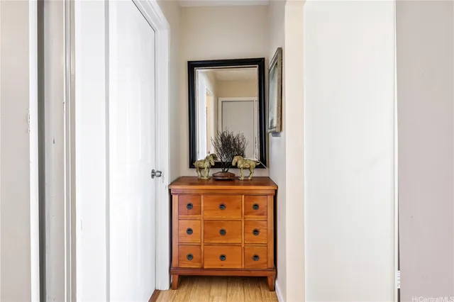 a view of a hallway with closet and mirror