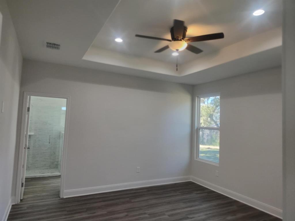 20008 Boggy Ford Road Lago Vista, TX 78645 - Photo 14 of 17 with a tray ceiling, dark wood-type flooring, ceiling fan, and recessed lighting