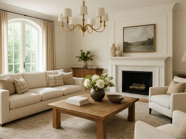a living room with furniture potted plant and a fireplace