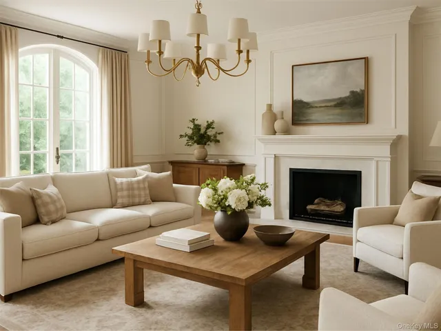a living room with furniture potted plant and a fireplace