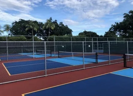 a view of a tennis court with lots of trees in the background