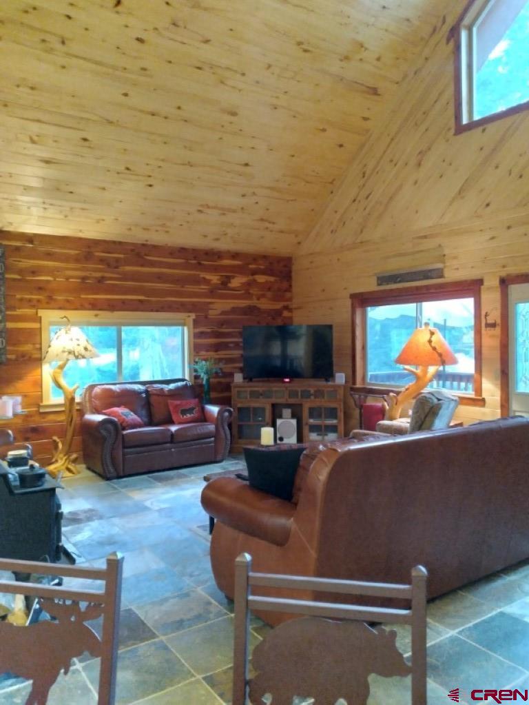 100 Crest Drive Cimarron, CO 81220 - Photo 3 of 35 a living room with furniture a flat screen tv and a fireplace