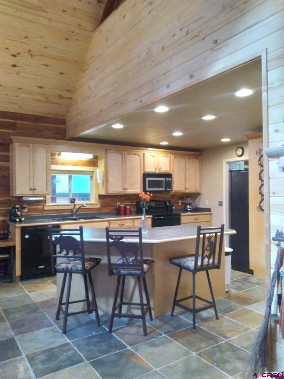 100 Crest Drive Cimarron, CO 81220 - Photo 10 of 35 a kitchen with stainless steel appliances kitchen island granite countertop a table chairs sink and cabinets